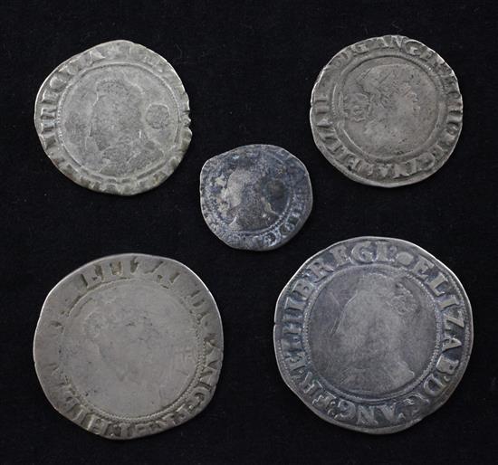 Five Queen Elizabeth I silver coins, mostly worn